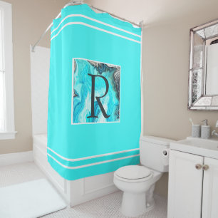 Rideaux De Douche Monogrammes Turquoises Grandes Blancs Agate Art É