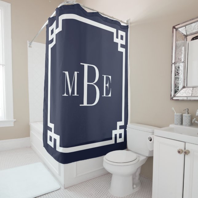 Rideaux De Douche Monographie de la frontière de la clé grecque bleu (En situation)