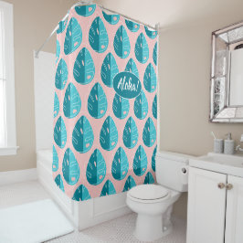 Rideaux De Douche Monstera Leaves - Blue and Pink