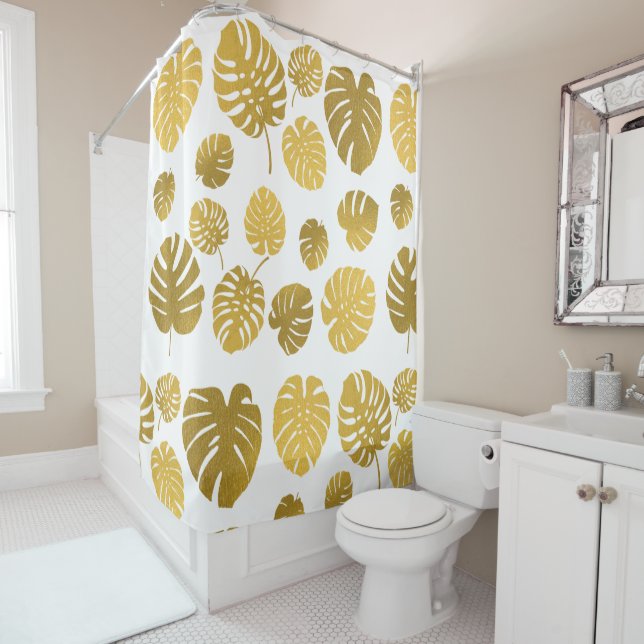 Rideaux De Douche Monstère d'or moderne Feuille Tropical Motif (En situation)