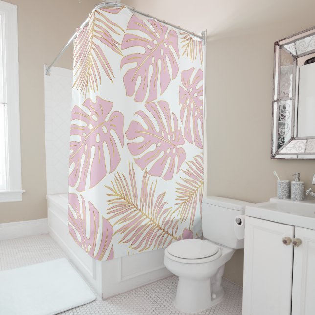 Rideaux De Douche Monstère et palmier rose et or tropicaux feuilles (En situation)