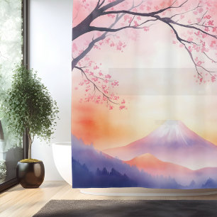 Rideaux De Douche Mont Fuji crépuscule à l'aquarelle style japonais