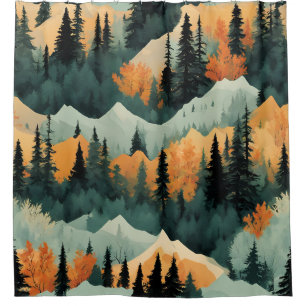 Rideaux De Douche Montagnes Arbres Vert Et Orange Motif Naturel