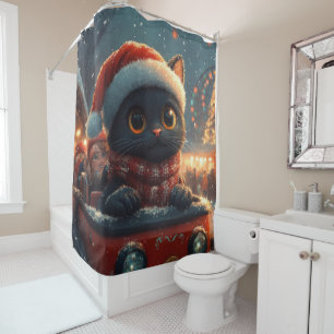 Rideaux De Douche Montagnes Russes Chat Noir de Noël