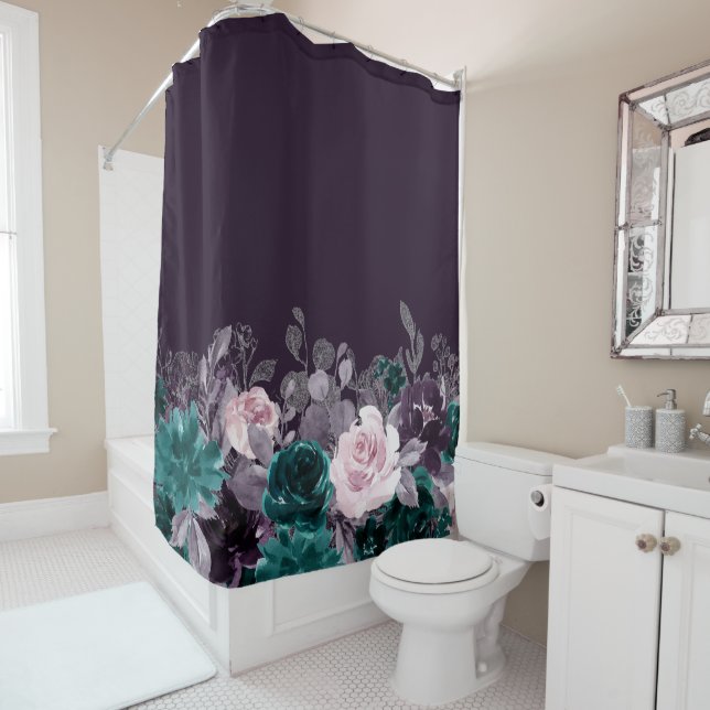 Rideaux De Douche Moody Boho | Espèce noire Purple et Turquoise Flor (En situation)