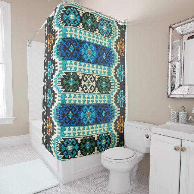 Rideaux De Douche Moquette orientale turque persane bleu vert (En situation)