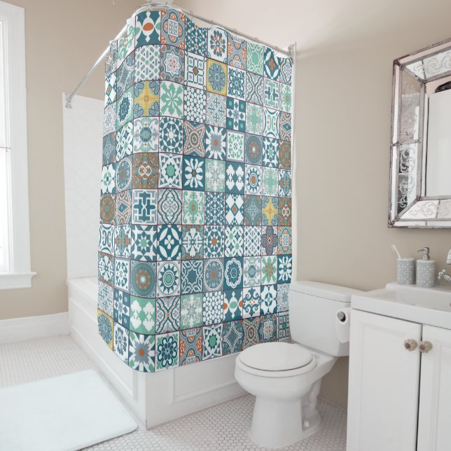 Rideaux De Douche Moroccan tile-orange et light turquoise (En situation)