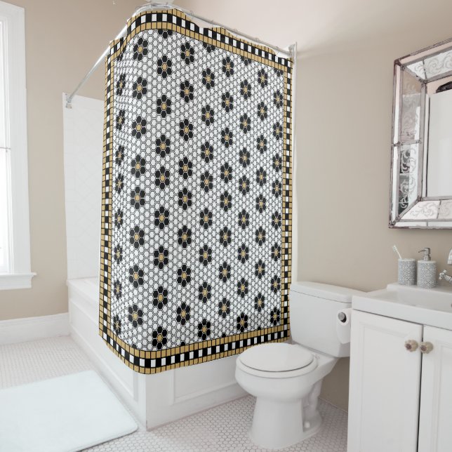 Rideaux De Douche Mosaic Inspiré Noir Blanc et Or (En situation)