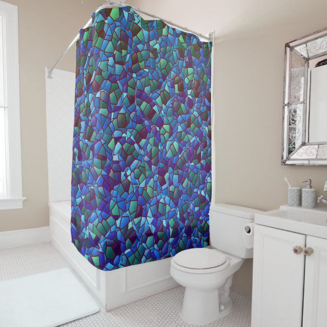 Rideaux De Douche Mosaïque de lilas craché ou fumé bleu et vert (En situation)
