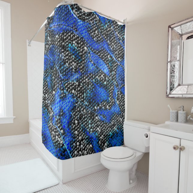 Rideaux De Douche Mosaïque hexagonale ou écailles bleu et gris à noi (En situation)