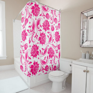 Rideaux De Douche Motif à damas florales roses et blanches chaudes