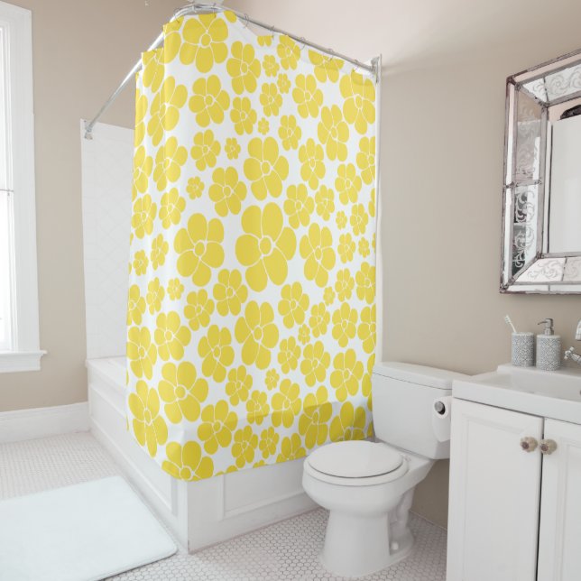 Rideaux De Douche Motif à fleurs - Citron jaune et blanc (En situation)