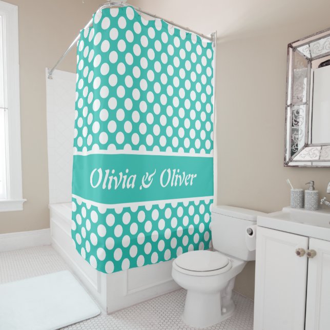 Rideaux De Douche Motif à points Polka Turquoise & Blanc (En situation)