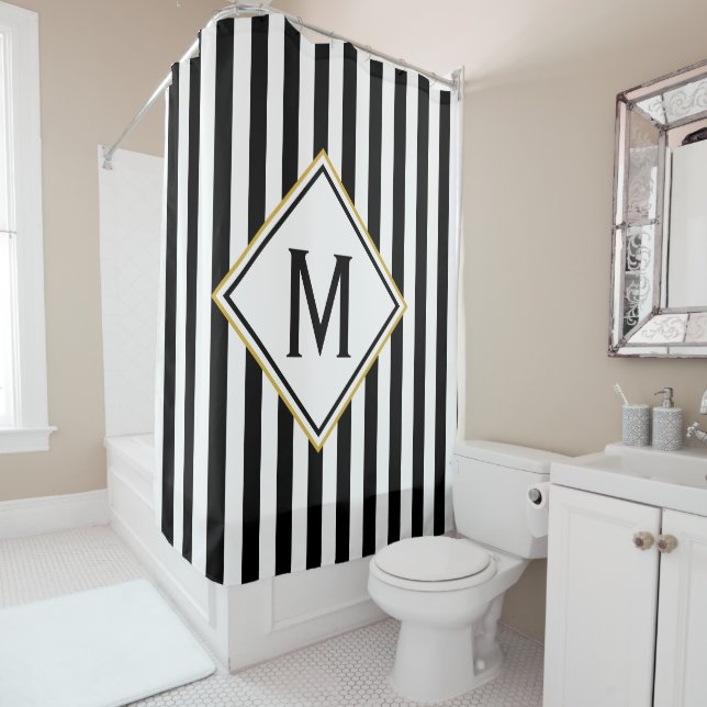 Rideaux De Douche Motif à rayures noir et blanc personnalisé (En situation)