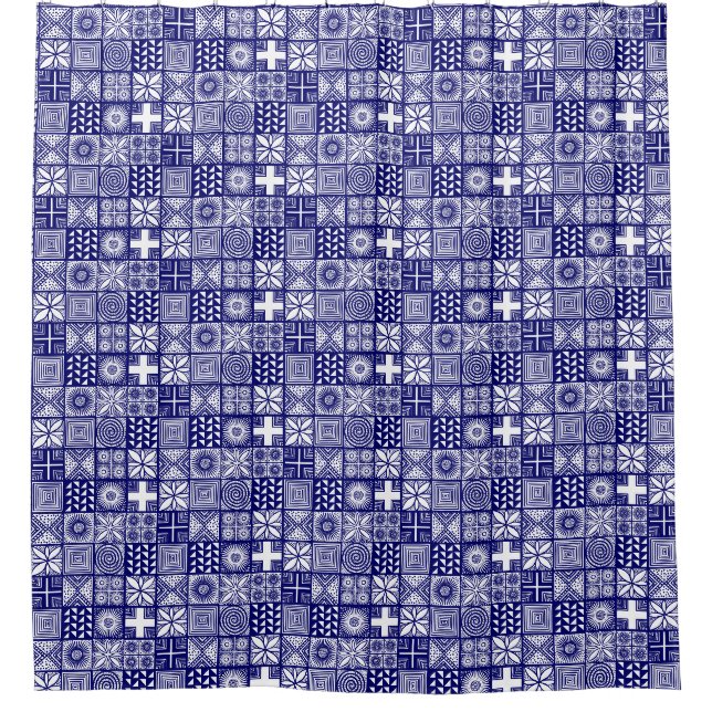 Rideaux De Douche Motif Adire - Bleu profond et blanc (Devant)