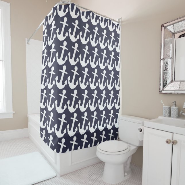 Rideaux De Douche Motif Ancre blanc sur bleu foncé, nautique (En situation)
