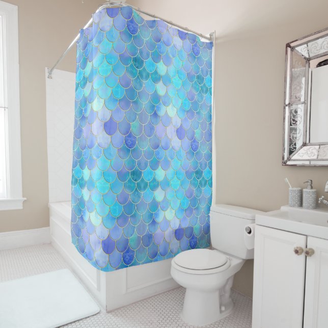 Rideaux De Douche Motif Aqua Pearlescent & Gold Mermaid (En situation)