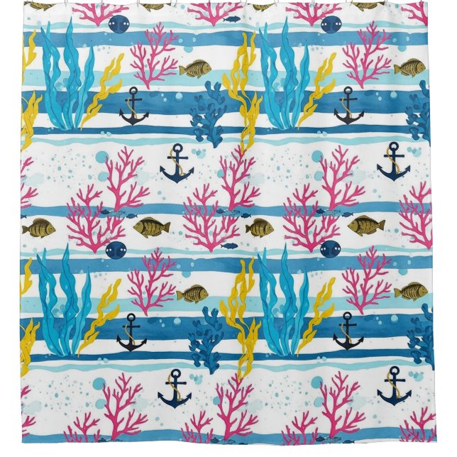 Rideaux De Douche Motif aquarelle nautique rétro (2) (Devant)