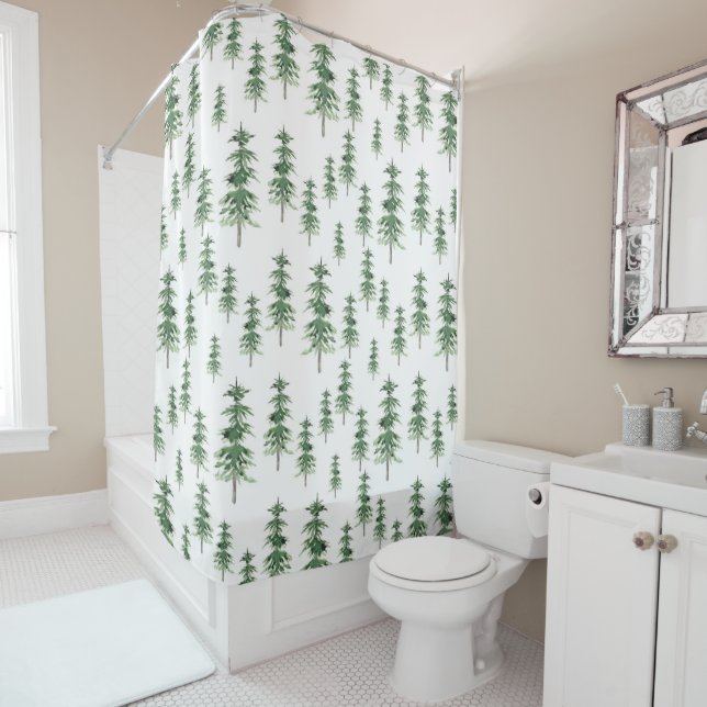 Rideaux De Douche Motif Arbre de pins aquarelle (En situation)