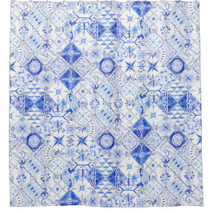 Rideaux De Douche Motif blanc bleu de tuile de patchwork peint à la