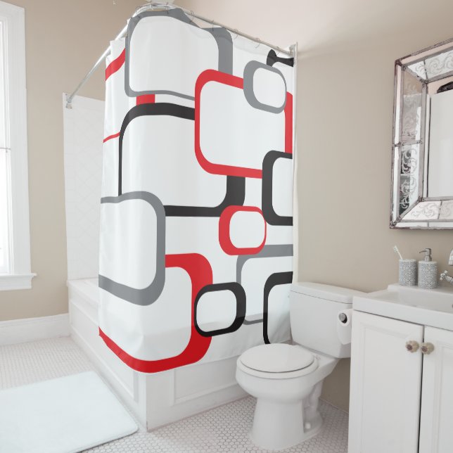 Rideaux De Douche Motif Carré rétro rouge noir gris blanc (En situation)