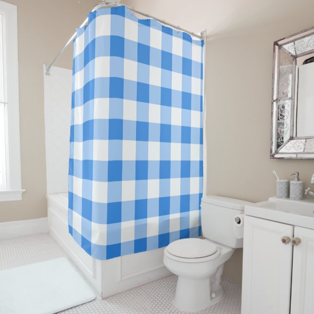 Rideaux De Douche Motif carreaux gingham bleu et blanc (En situation)