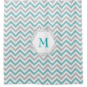 Rideaux De Douche Motif Chevron turquoise et gris avec monogramme pe