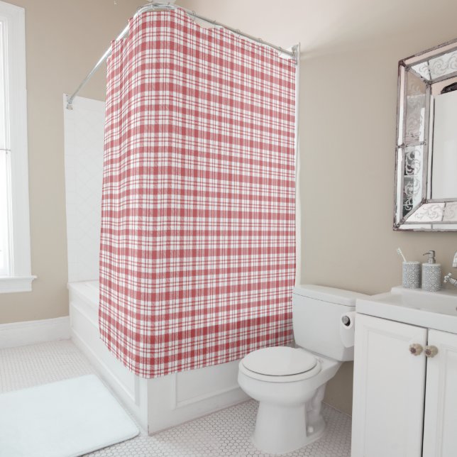 Rideaux De Douche Motif classique rouge et blanc À damiers (En situation)