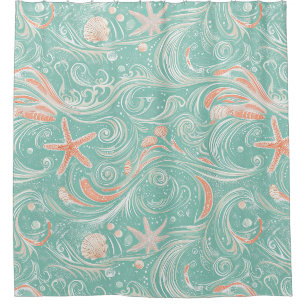 Rideaux De Douche Motif Coquillages et Vagues Océaniques (4)