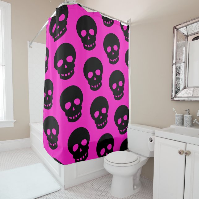 Rideaux De Douche Motif crâne de goth noir rose chaud (En situation)