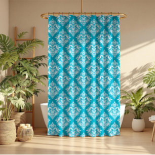 Rideaux De Douche Motif damassé floral blanc et bleu