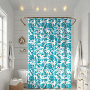Rideaux De Douche Motif damassé floral turquoise et blanc