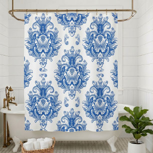 Rideaux De Douche Motif damassé méditerranéen bleu blanc élégant