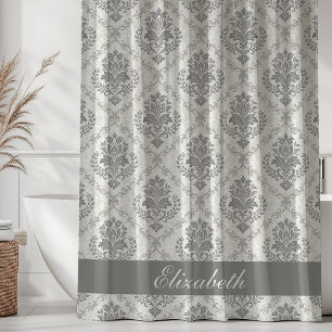 Rideaux De Douche Motif damassé vintage nom monogramme gris