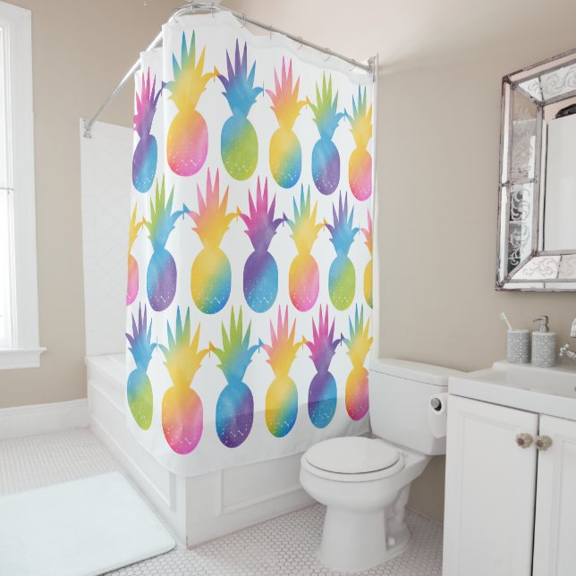 Rideaux De Douche Motif d'aquarelle arc-en-ciel d'ananas tropical (En situation)