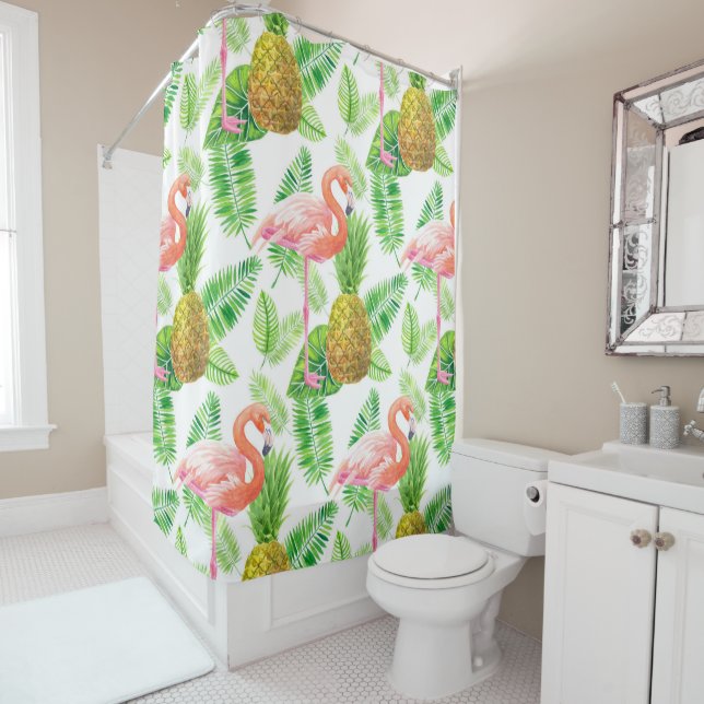 Rideaux De Douche Motif d'aquarelle de jardin tropical (En situation)