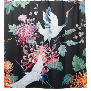Rideaux De Douche Motif d'aquarelle de la grue rouge Chrysanthemum