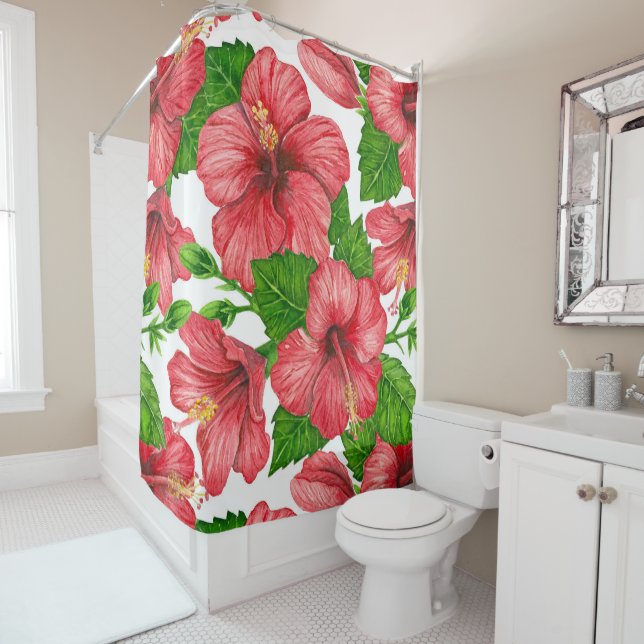 Rideaux De Douche Motif d'aquarelle d'hibiscus rouge (En situation)