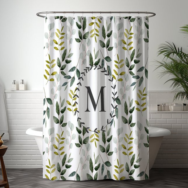 Rideaux De Douche Motif d'aquarelle Feuille vert monogramme (In situ bathroom)