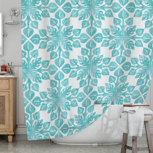 Rideaux De Douche Motif d'aquarelle Hawaiian Tropical Feuille Aqua (Créateur téléchargé)