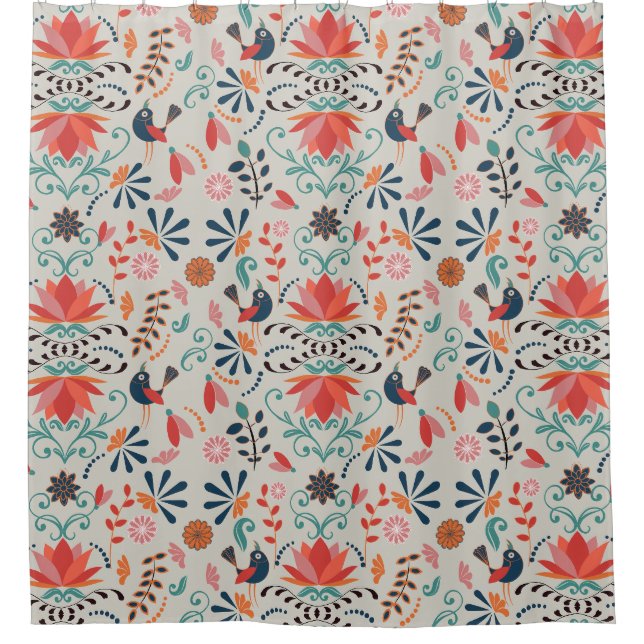 Rideaux De Douche motif d'art folklorique aux oiseaux rouges fleuris (Devant)