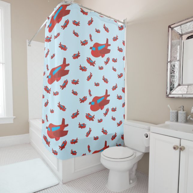 Rideaux De Douche Motif d'avion rouge et bleu (En situation)