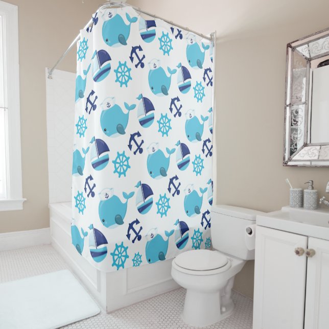 Rideaux De Douche Motif De Baleines, Beaux Baleines, Baleines Bleues (En situation)