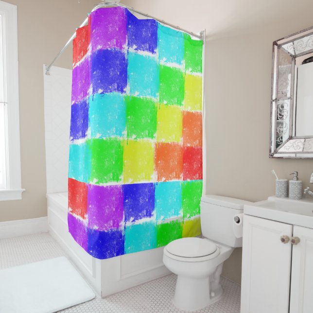 Rideaux De Douche Motif de blocs de couleurs vives modernes (En situation)
