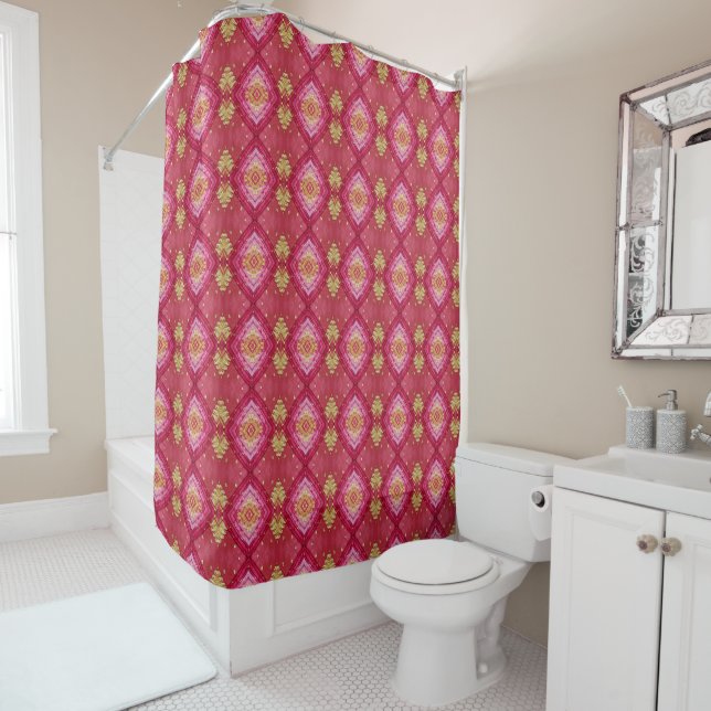 Rideaux De Douche Motif de broderie indienne rose Boho (En situation)