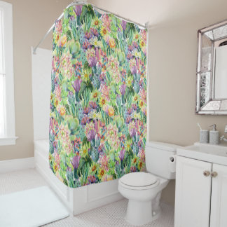 Rideaux De Douche Motif de cactus d'aquarelle en fleurs exotiques