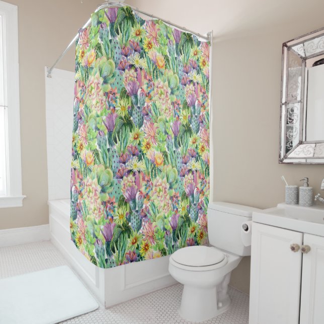 Rideaux De Douche Motif de cactus d'aquarelle en fleurs exotiques (En situation)