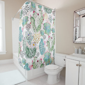 Rideaux De Douche motif de cactus et triangles aquarelle
