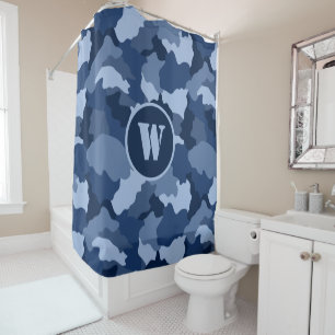 Rideaux De Douche Motif de camouflage bleu Monogramme initial