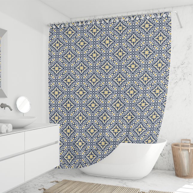 Rideaux De Douche Motif de carreaux de marine et jaune espagnol (Créateur téléchargé)
